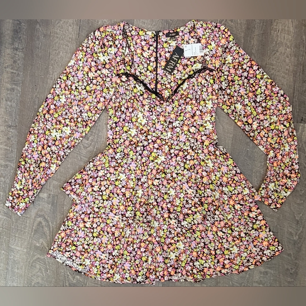 AFRM Modesto Sweetheart Long Sleeve Mini Dress Womens M Black Multi Neon Floral - Picture 7 of 16